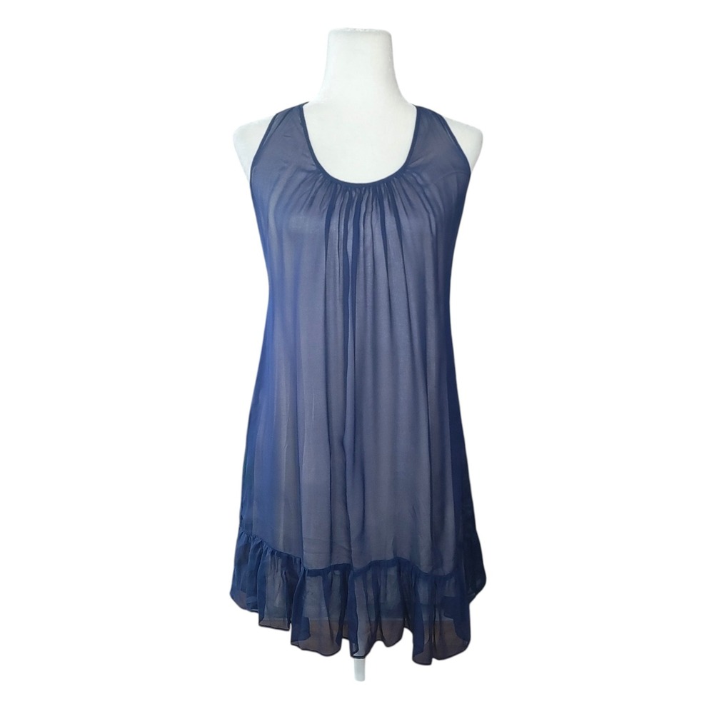 Akiko Navy Blue 100% Silk Dress Ruffle Racerback Mini Feminine Made in USA Small
